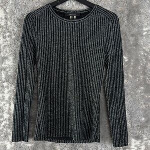 BCBGMaxazria Sz S Metallic Striped Stretch Top Black Silver Long Sleeve Pullover